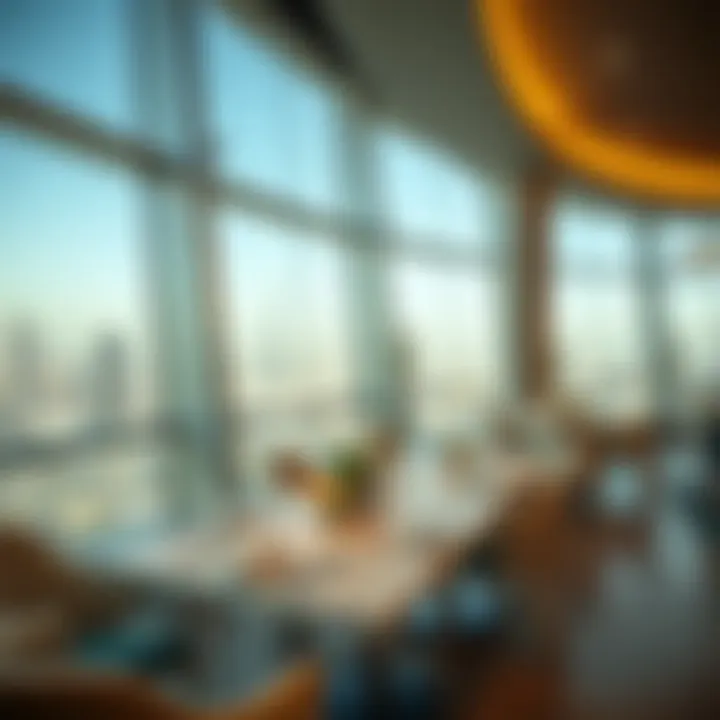 Luxurious dining atmosphere with city skyline view