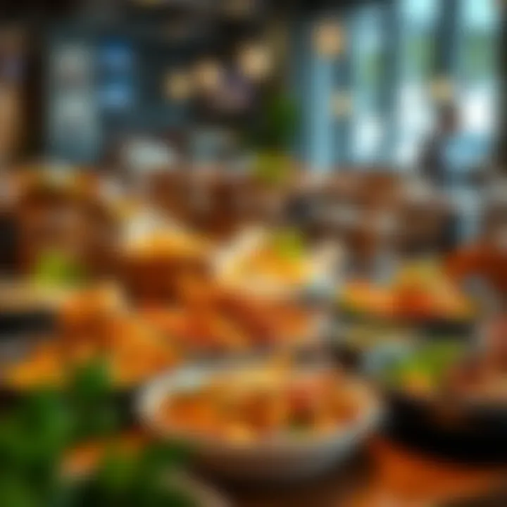 A selection of international dishes presented on a table at a casual eatery