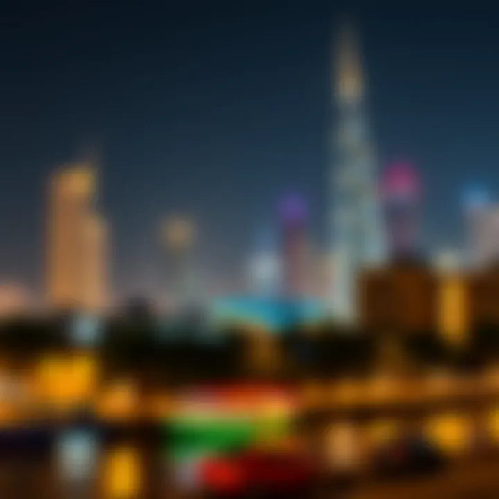 Night view of the Dubai Trade Center illuminated against the skyline
