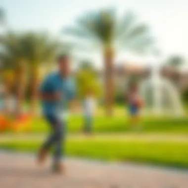 Families enjoying recreational activities in the beautifully designed parks of Al Khawaneej Walk.