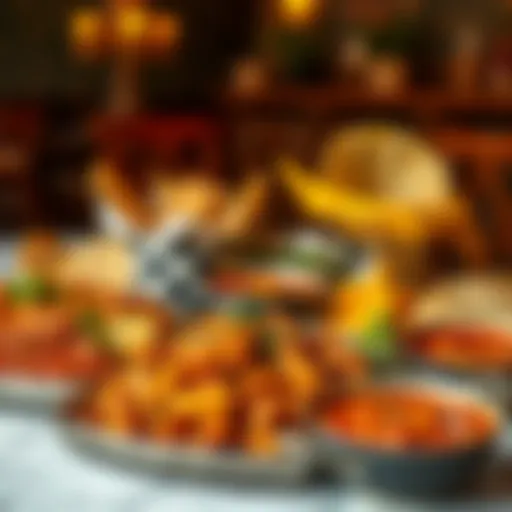 A vibrant spread of North Indian dishes featuring colorful curries and naan breads.