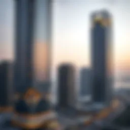Stunning view of Marquise Square Tower against the Dubai skyline