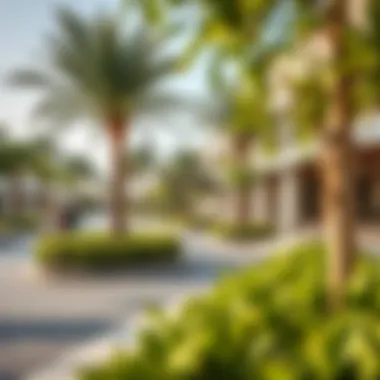 An illustration of lifestyle amenities available at Wasl Hub, such as parks and retail spaces.