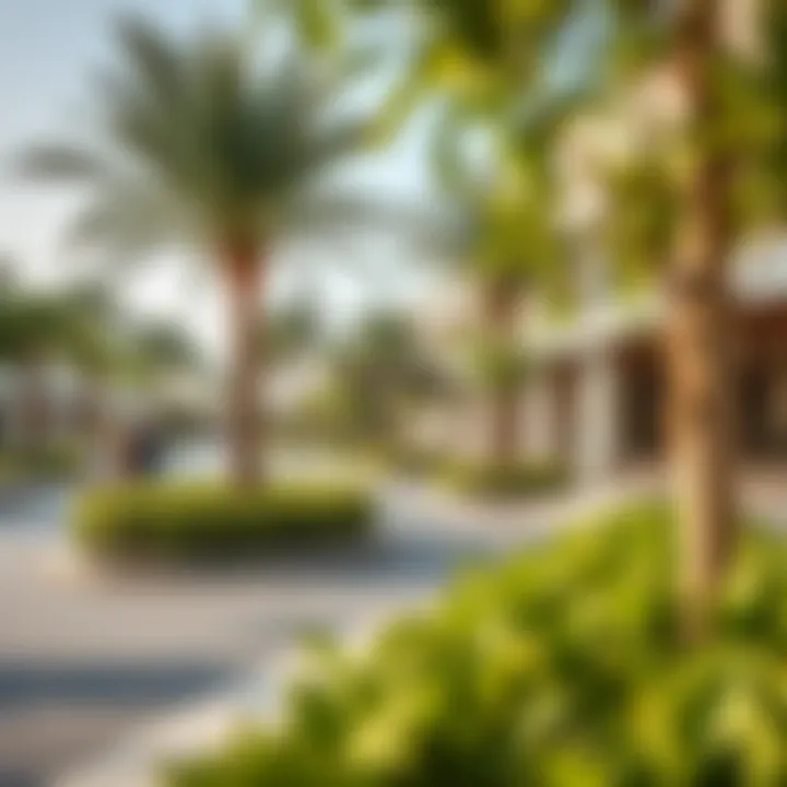 An illustration of lifestyle amenities available at Wasl Hub, such as parks and retail spaces.